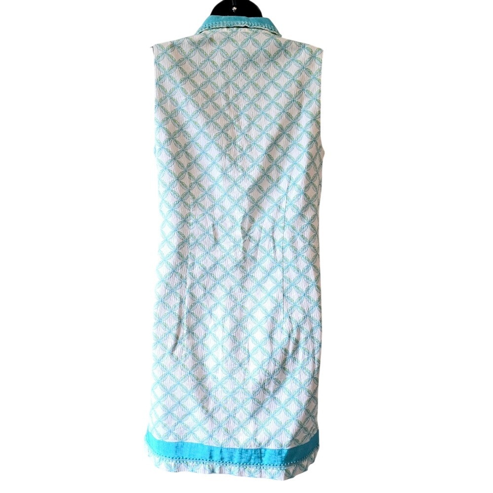 Turquoise Seersucker Geometric Print Sleeveless Shift Dress V-Neck Trim - Picture 7 of 9